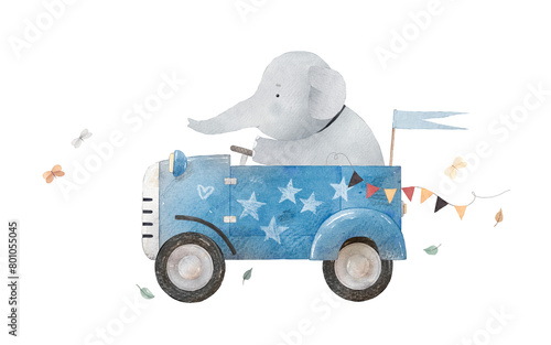 Canvas Print Elephant travels in a blue car