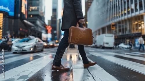 A man in a suit crosses a busy city street carrying a briefcase photo