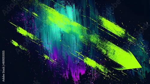 Digital neon brightly colored abstract painting of arrows on a dark graffiti background
