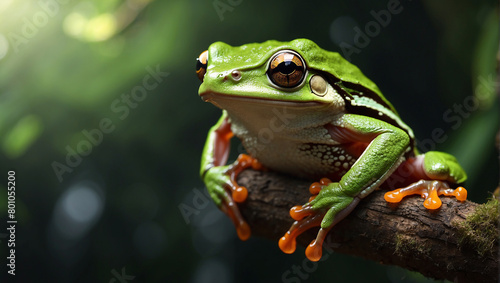A bright green frog is sitting on a branch. The frog has blue and orange legs and a light blue belly. It is looking at the camera.
