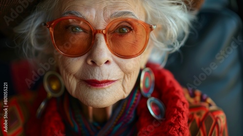 A chic elderly woman accessorizing with statement jewelry, showcasing her flair for high fashion and individuality.