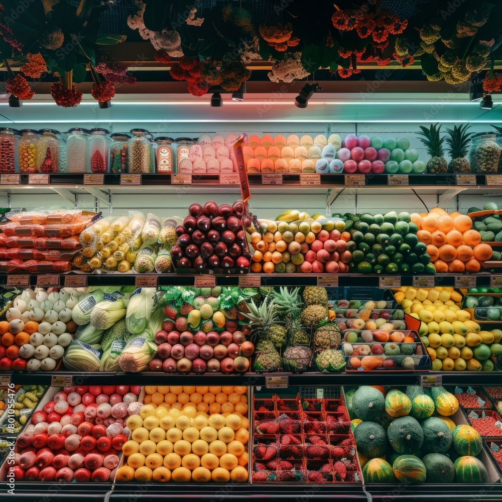 A colorful display of fruits and vegetables in a grocery store