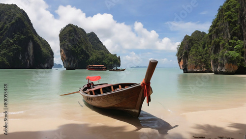 A wooden boat sits on a sandy beach with large limestone cliffs in the background and calm blue-green water in front.   © Muzamil