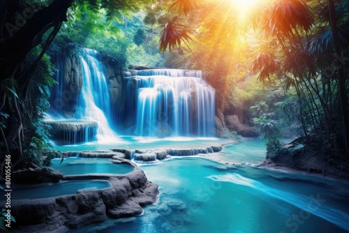 waterfall by blue lagoon magical nature landscape