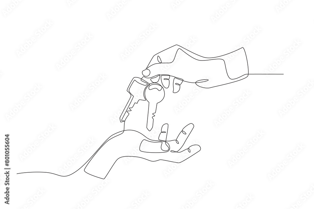 The hand that handed over two house keys. Buy a new house concept one-line drawing The hand that handed over two house keys. Buy a new house concept one-line drawing