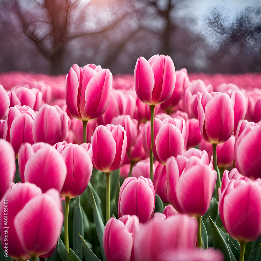 A pink tulip flower garden blooming in the sunset field A pink tulip flower garden blooming in the sunset field