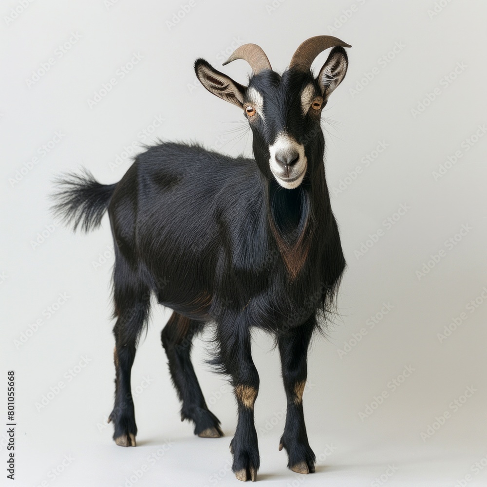 A black goat with horns stands in front of a white background