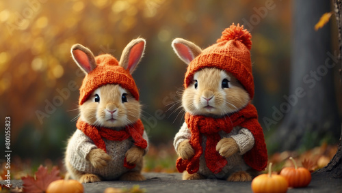 Two rabbits wearing clothes are sitting in a pile of fall leaves. The rabbit on the left is wearing a brown hat and scarf. The rabbit on the right is wearing a red hat and scarf.   © Muzamil