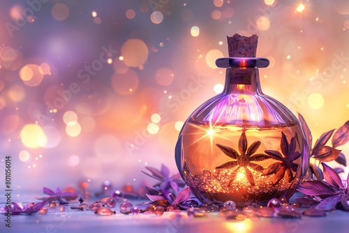 Elegant depiction of a glowing potion bottle infused with star anise and cinnamon, set against a soft pastel pink background, radiating warmth
