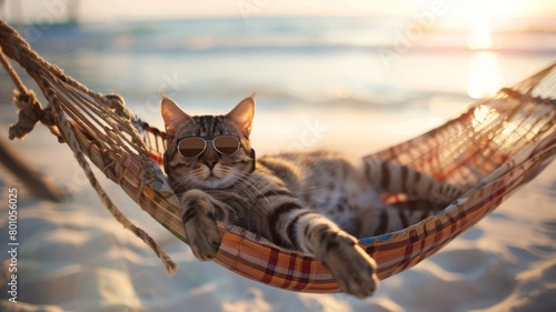 A cat is relaxing in a hammock on a beach photo