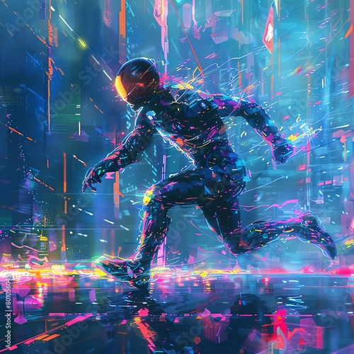 Futuristic digital painting of a man running in a hightech gear, neon lights tracing his path and reflecting a sense of speed and advanced technology