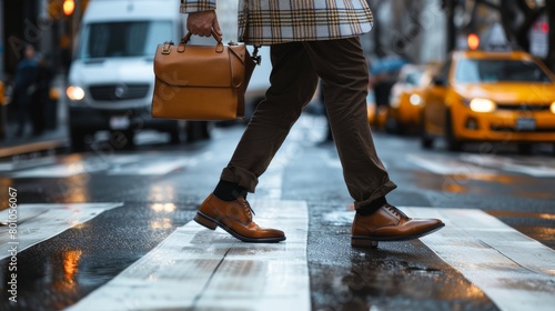 A man in brown shoes, brown pants, and a tan blazer crosses a busy city street on a rainy day.