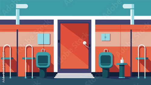 A public restroom with larger stalls and grab bars for individuals who use mobility devices.. Vector illustration