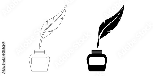 outline silhouette Inkwell and feather icon set isolated on white background
