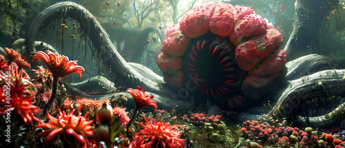 A botanical garden overrun by oversized, predatory flowers, each with unique colors and deadly adaptations photo
