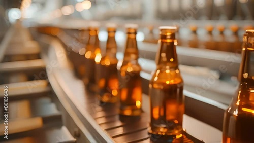 Brewery scene with beer bottles filling on conveyor, dynamic angle, detailed machinery photo
