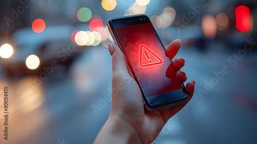 A hand holding a phone with a red warning sign on the screen.
