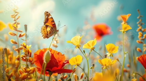 Beautiful summer spring meadow background banner with wildflowers , poppy flowers ,fluttering monarch butterfly and sunshine sky, beautiful bokeh, Illustration. Artistic image © Julia