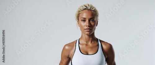 Young blond fit sexy woman standing isolated on a gray background. Studio portrait of a healthy muscular female.