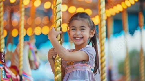 Little girl smiling while riding a carousel at a funfair © Sittipol 