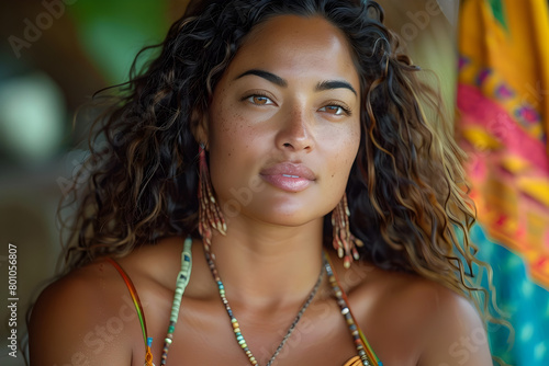 Women Wearing Colorful Necklace in Serene Beach Portraits