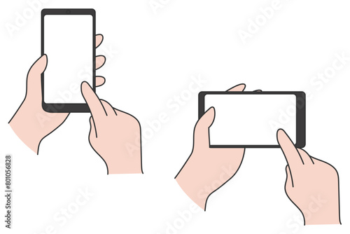 縦向き横向きのスマートフォンを操作する手のイラスト