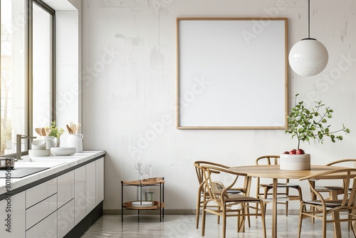 A blank frame hangs on the wall above the dining nook