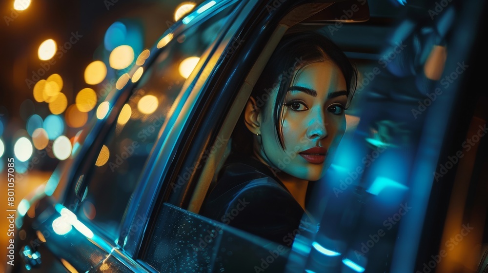 A beautiful woman looking out the window of a car at night. The city lights are reflected in the window.