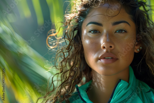 Tropical Woman in Green Jacket Portrait