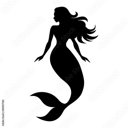 Ink sketch silhouette of a mermaid isolated on a white background. Design element, vector illustration