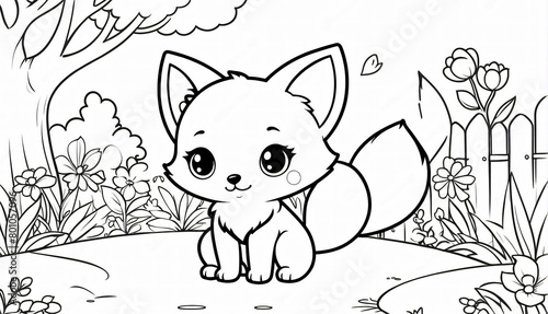 Cute fox in the clearing. Coloring book for little children with thick outlines © mischenko