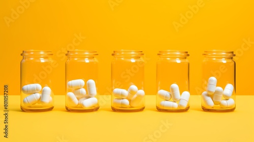 A vibrant setup of pill capsule cookies designed with glossy icing to resemble gel caps set against a solid yellow background ideal for adding a playful touch to healthrelated functions photo