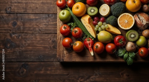 Fruits, vegetables on wooden background top view
