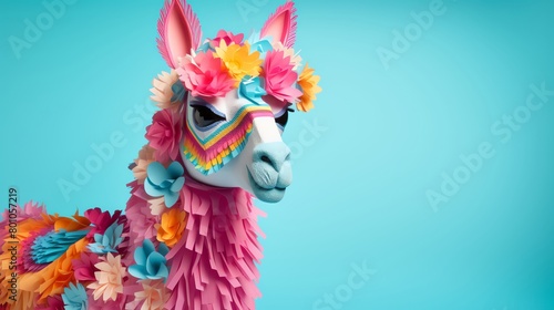 A vibrant llama pinata makeover featuring bright pastel colors and intricate patterns displayed against a solid light blue background for a festive and fun atmosphere