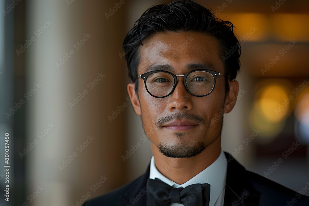 Businessman in Tuxedo and Bow Tie with Glasses in a Lobby Businessman in Tuxedo and Bow Tie with Glasses in a Lobby
