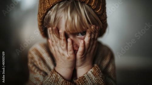Young child in distress, covering face with hands