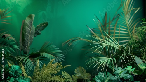 A bold emerald green background with plants