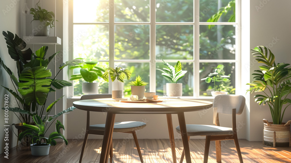 Fototapeta premium Round Dining Table, Chairs, and Houseplants in Modern Dining Space