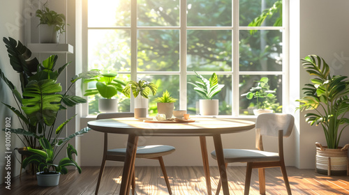 Round Dining Table, Chairs, and Houseplants in Modern Dining Space © Rabiyah