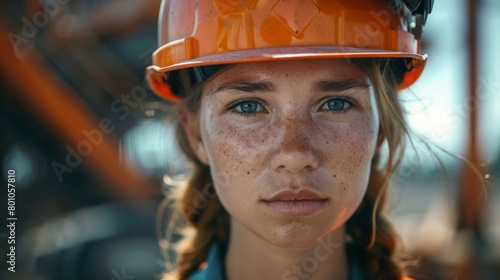 A young female construction worker with a determined expression, wearing a hard hat on a construction site