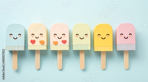 Handmade popsicleshaped favor boxes in pastel shades displayed on a solid light blue background idea for children s birthday parties or baby showers photo