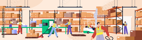 People work in warehouse. Stockroom workers do shipment of boxes with forklift. Factory storage interior. Hangar building inside. Logistic, distribution and delivery of goods. Flat vector illustration