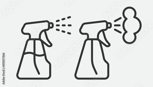 Clean icon of fluid spray in cleaning bottle aerosol. Sign tool for water gas nozzle, disinfection, hygiene spatter.