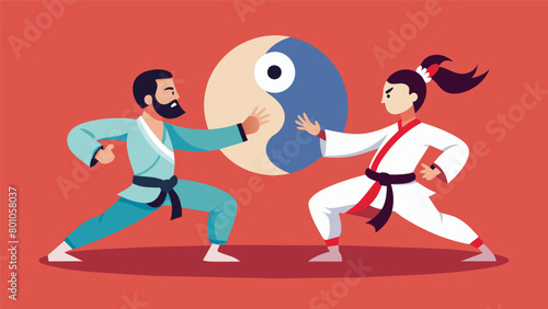 A sparring match between two equals each embodying a different aspect of martial arts philosophy yin and yang.