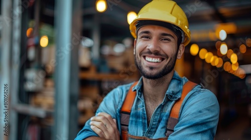 Safety and Skill: Portrait of a Smiling Industrial Worker with Safety Helmet, Symbolizing Workforce Confidence © nicole