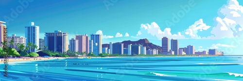 Beautiful Honolulu Skyline with Diamond Head Crater and Blue Ocean Front Background