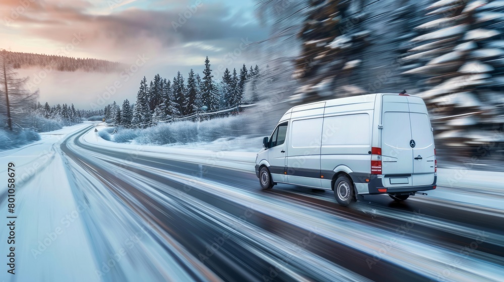 A white delivery van is seen in motion, driving along a snow-covered road during winter