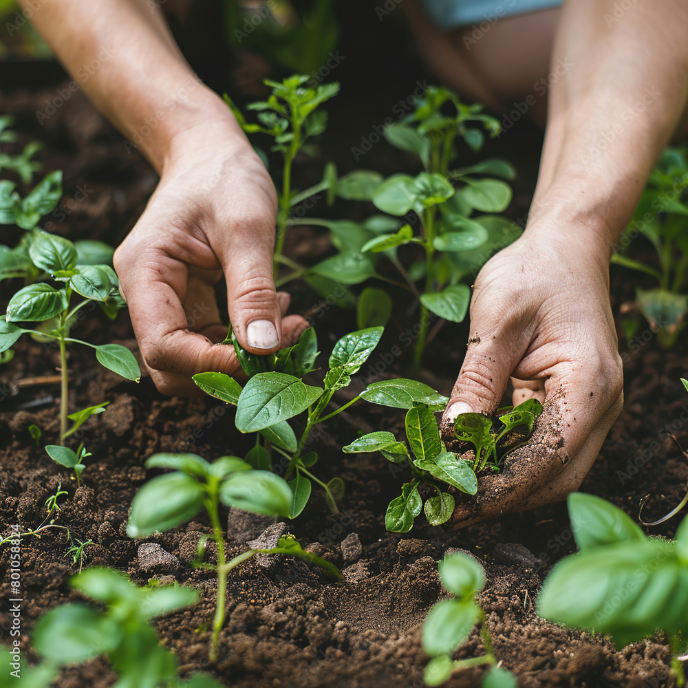Close-up of hands planting herbs or vegetables Close-up of hands planting herbs or vegetables