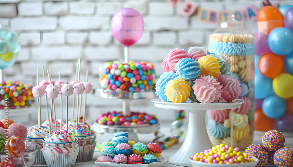 Tasty candy bar for Birthday on table near white brick wall