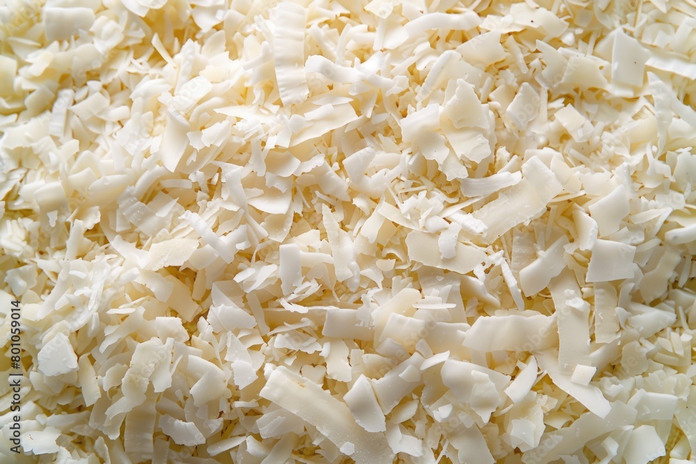 From Above: Detail of Dried Shaved Coconut Flakes on White Background - A Healthy Food Option From Above: Detail of Dried Shaved Coconut Flakes on White Background - A Healthy Food Option